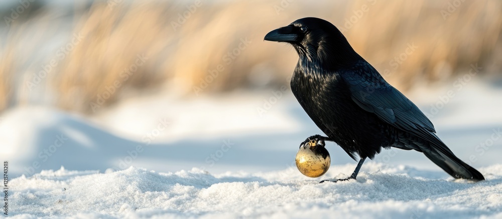 Poster black crow clutching a golden ornament on pristine snow with ample space for text and branding in a 