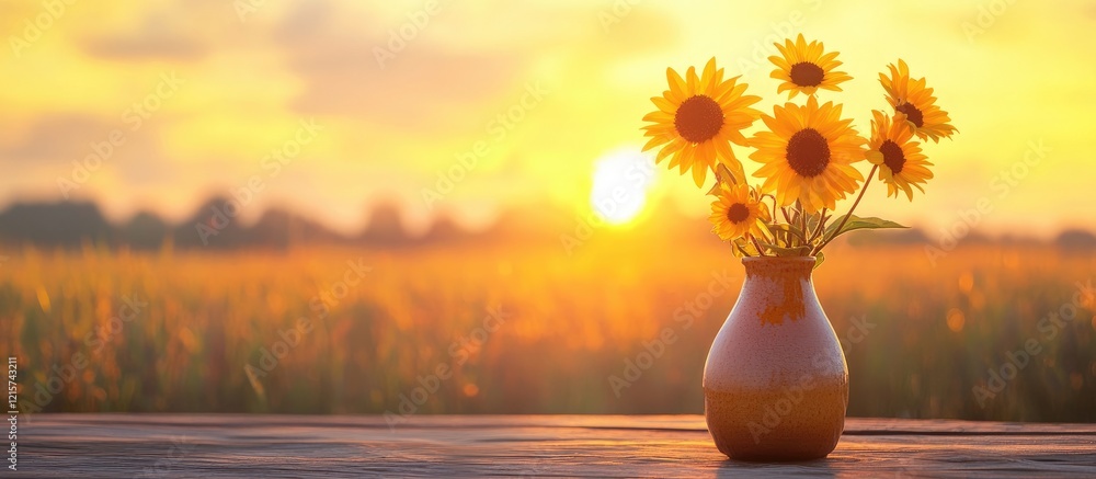 Poster black eyed susan flowers in a vase on a table at sunset with a serene field background and ample emp