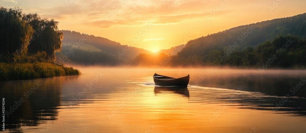 Poster serene sunset over hills reflecting on calm river with lone boat creating peaceful atmosphere and am
