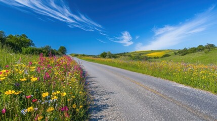 Serene Countryside Road with Blooming Wildflowers