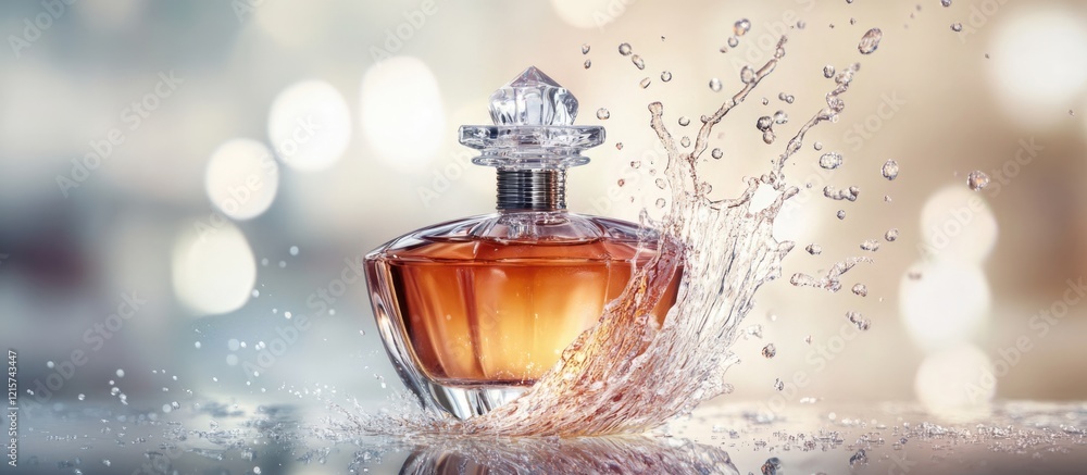 Poster elegant perfume bottle splashing liquid with captivating bokeh background and blank space for brandi