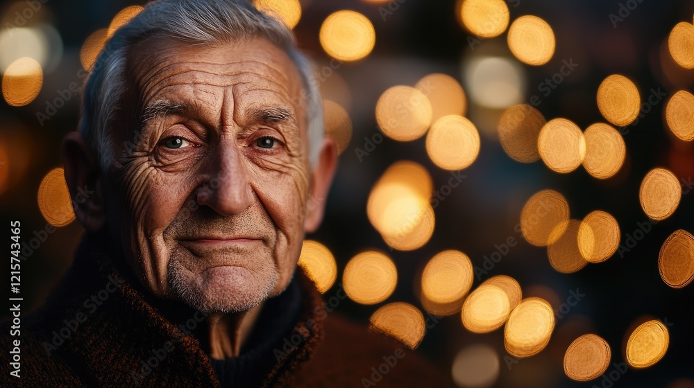 Poster senior man with expressive features reflecting wisdom and experience, illuminated by warm bokeh ligh