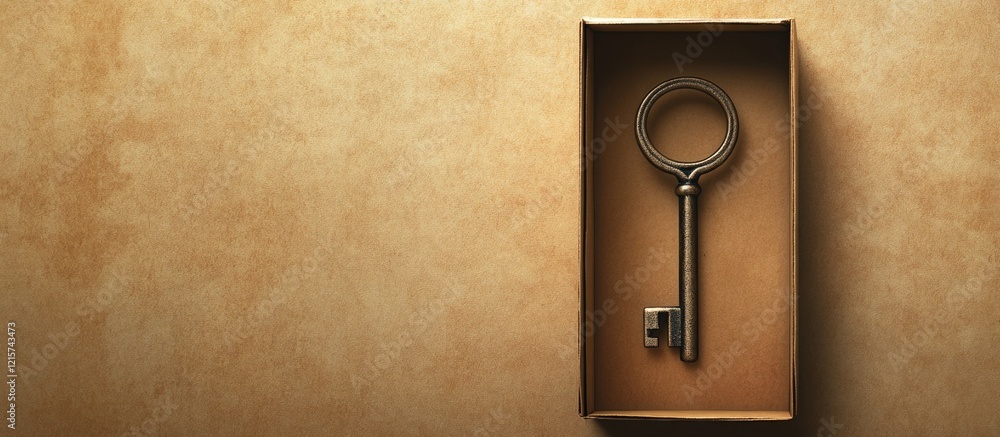 Poster artistic representation of an antique key in a box with textured background and ample empty space fo