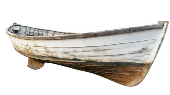 an old. weathered wooden boat with a white hull and a rustic appearance. showcasing signs of age and wear it appears to be a traditional fishing vessel. possibly used for leisure or transport on water