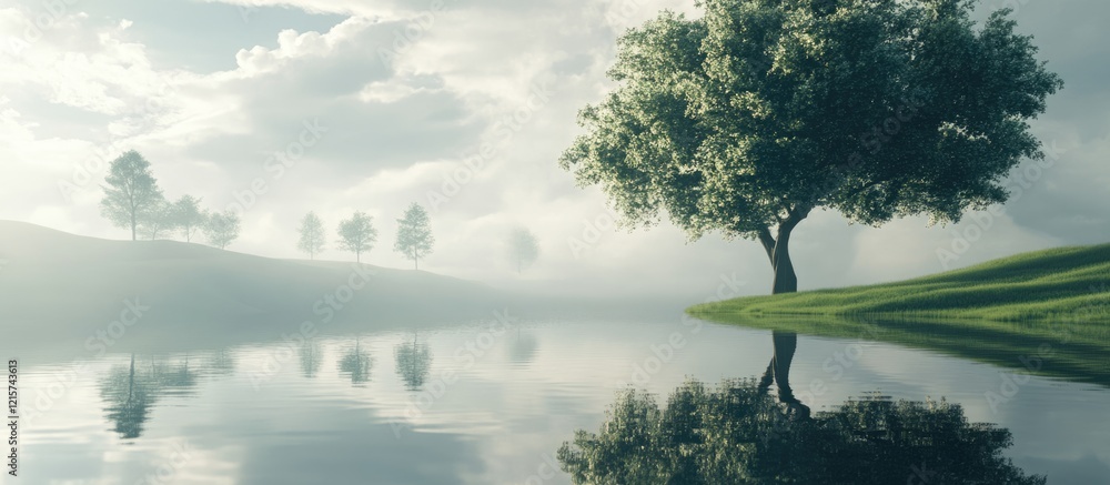 Poster serene landscape featuring a tranquil lake and tree reflecting on water with ample copyspace for tex
