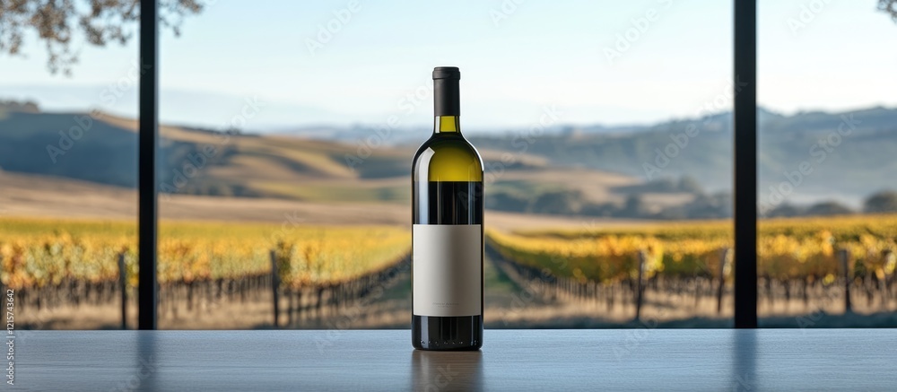 Poster elegant wine bottle on a table showcasing a stunning vineyard view through glass windows with ample 