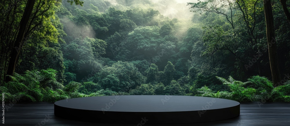 Aufkleber black podium in lush forest setting ideal for product display and advertising presentations featurin