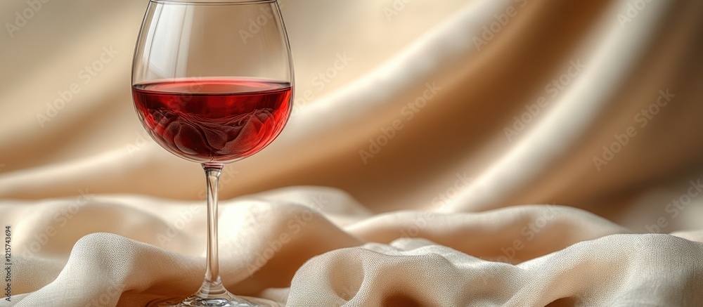Poster elegant glass of red wine on a soft fabric backdrop with ample copyspace for sophisticated text or b