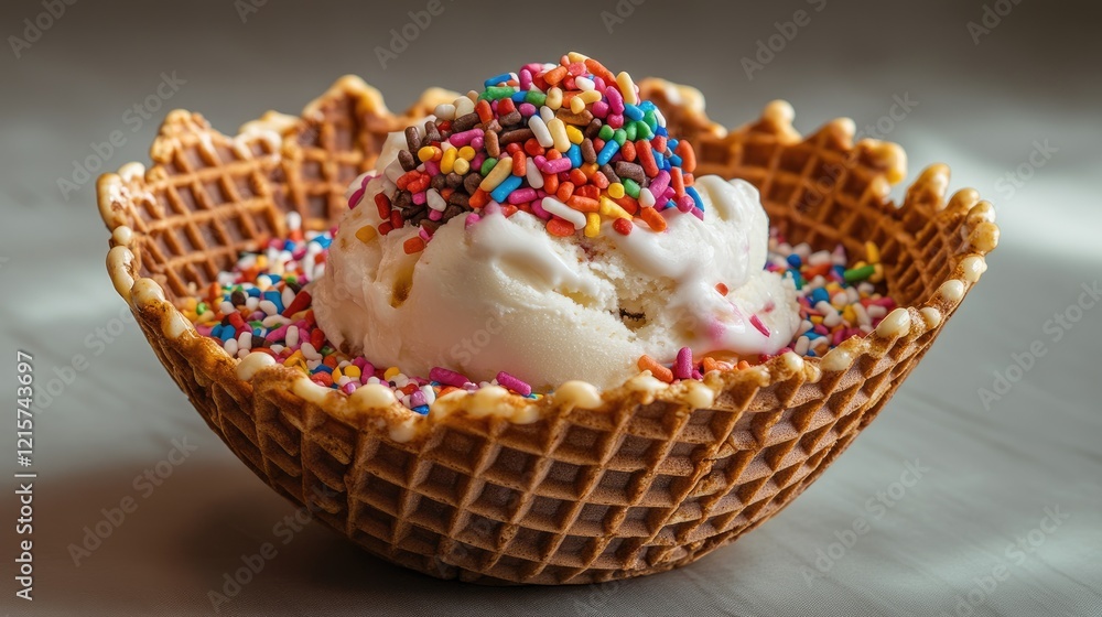 Poster gourmet handmade ice cream sundae in a waffle cone topped with colorful sprinkles against a neutral 