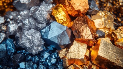Macro close up of diverse metallic ores showcasing unique textures and colors in an abstract industrial composition of silver gold copper zinc iron