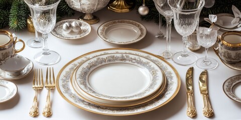 Elegant holiday dinner table setting showcasing exquisite china polished cutlery and sparkling glassware with space for festive text or invitations