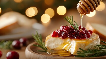 Baked brie with yummy cranberries and honey drizzle, garnished with rosemary, glowing with festive golden bokeh lights.