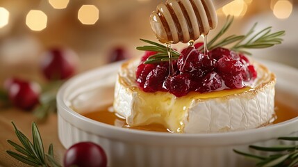 Baked brie with cranberries and honey drizzle, garnished with rosemary, glowing with festive golden bokeh lights.