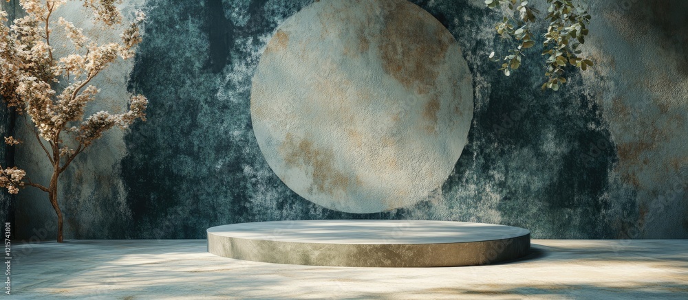 Poster abstract interior space featuring a circular podium against a textured wall with natural elements an