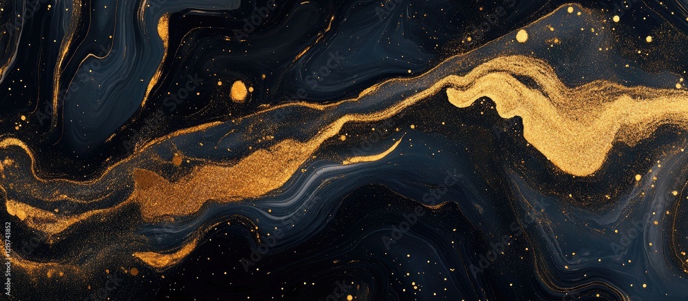 Poster elegant abstract marble texture featuring golden glitter waves on a dark background with ample space