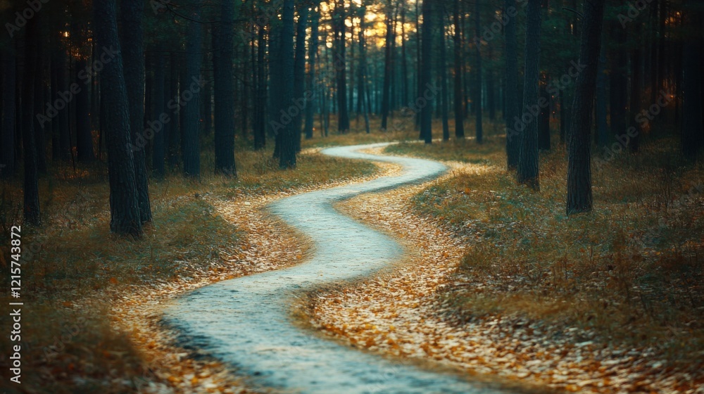 Aufkleber serene curving path through autumn forest creating a tranquil atmosphere with golden leaves and tall