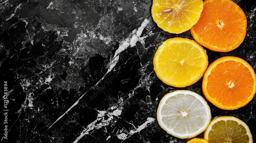 Poster assorted sliced citrus fruits arranged on a black marble surface with empty space for text showcasin