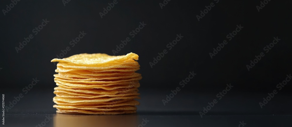 Poster crispy golden potato chip stack on a dark background perfect for snacking or culinary presentations 