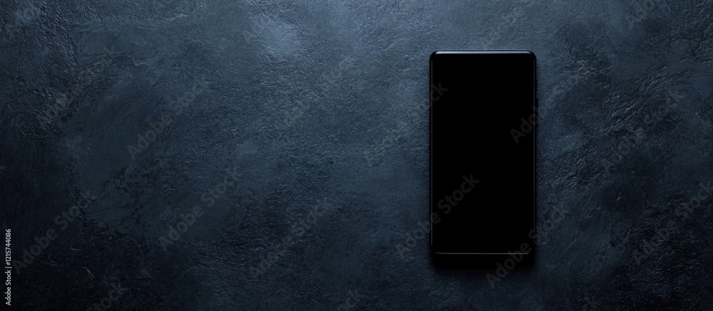 Poster black smartphone on dark textured surface with blank screen and ample copyspace for customizable tex