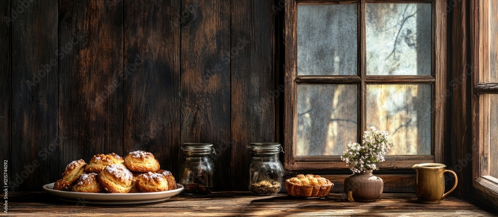 Poster artisan pastries on a rustic table by a window creating a warm atmosphere with natural light and emp