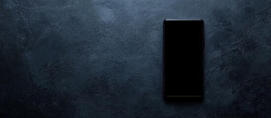 Black smartphone on dark textured surface with blank screen and ample copyspace for customizable text or promotional content.