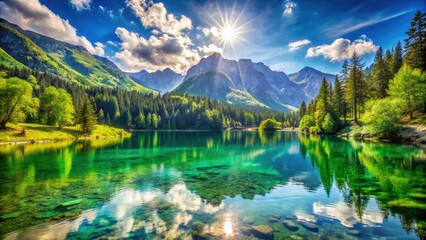 Fototapeta premium Stunning Crystal-Clear Lake Surrounded by Verdant Mountains Under a Bright Sunny Sky for Nature Photography and Travel Inspiration