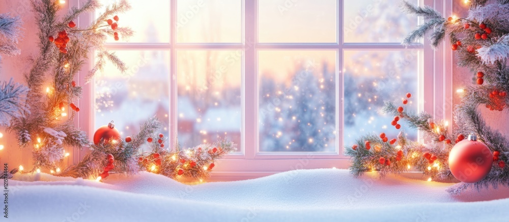 Poster christmas window decorations with snowflakes and festive ornaments creating a serene holiday atmosph