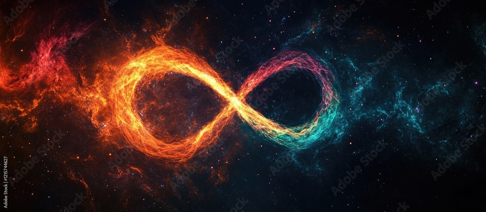 Poster abstract infinity symbol with vibrant colors and dark cosmos background featuring space for text or 