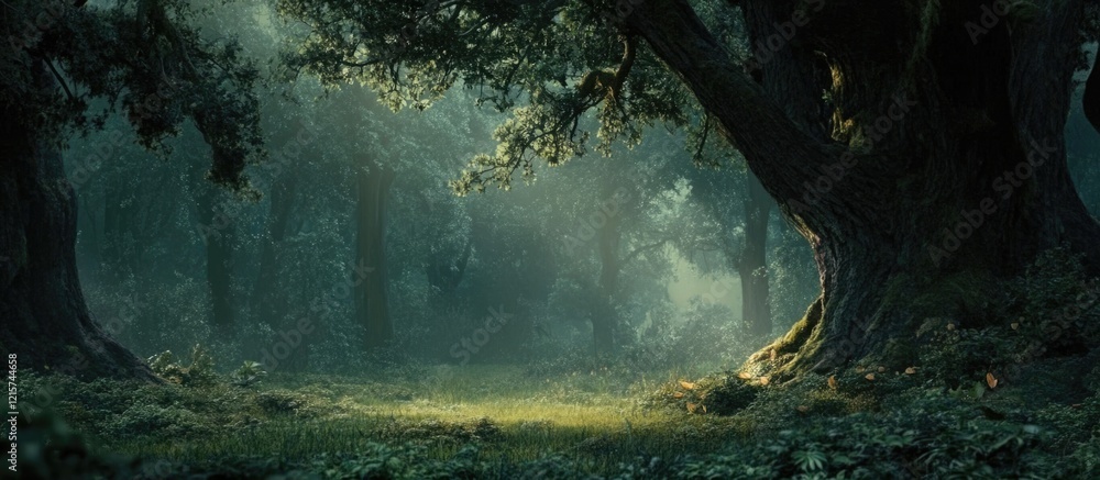 Poster majestic forest landscape featuring towering trees and ethereal light with ample empty space for tex