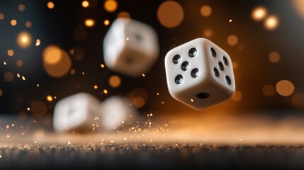 Pair of dice mid-roll surrounded by glowing sparks, symbolizing luck, risk, and chance in gaming or life.