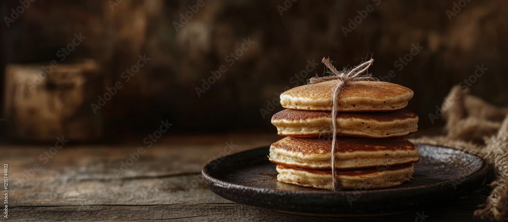 Poster stack of pancakes tied with twine on a plate against a rustic background creating a warm inviting at