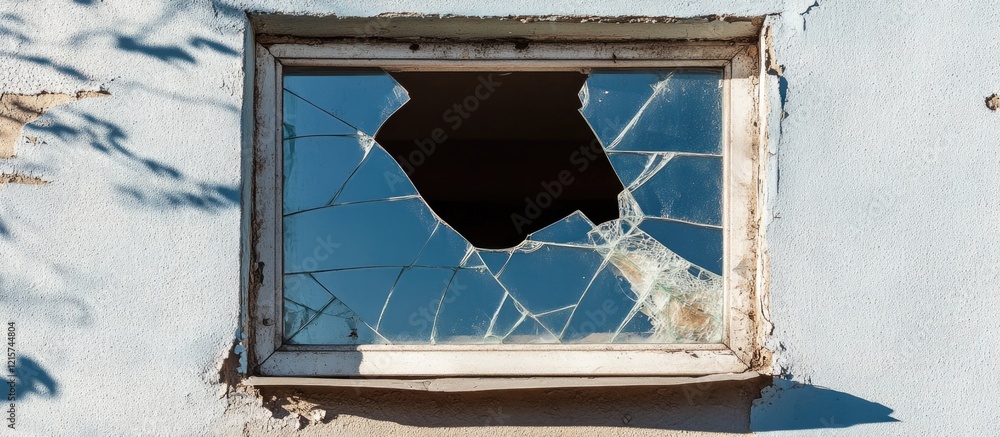 Poster broken window with a large hole in the glass showcasing shattered reflections and ample space for te