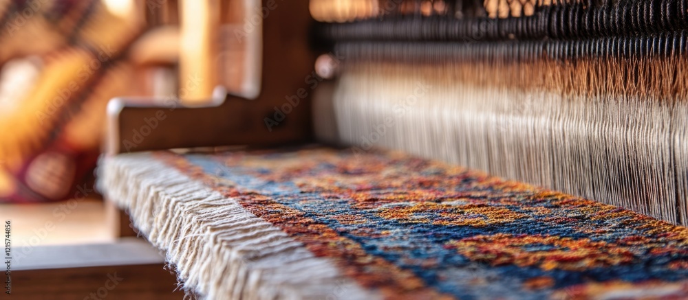Poster loom weaving vibrant threads into intricate tapestries with ample blank space for text and creative 