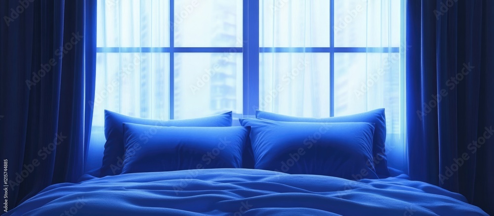 Poster cozy bedroom featuring blue pillows on a neatly made bed by window with drapes and ample empty space