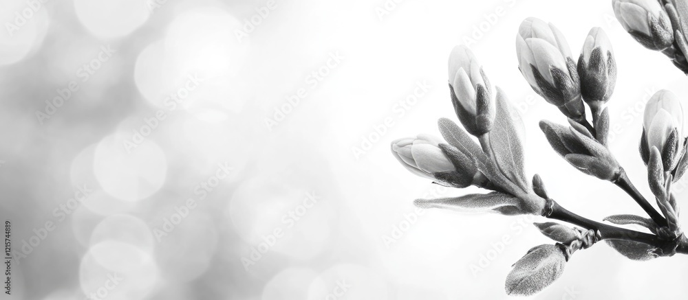 Poster black and white image of tree buds with a blurred background creating a serene spring ambiance and a