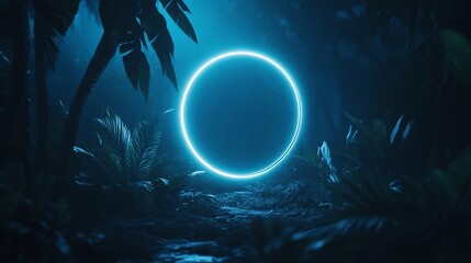 Obraz premium Glowing neon circle in dark jungle.