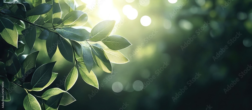 Poster serene abstract background with sunlit green leaves and gentle bokeh effect for text overlay and nat