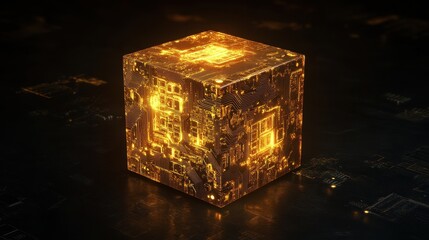 Obraz premium Illuminated golden block on a dark grid showcasing a futuristic digital design