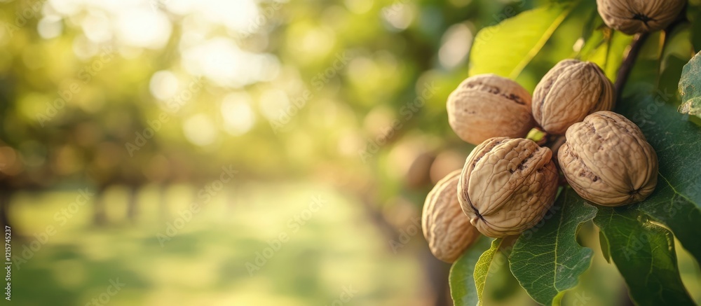 Poster walnut orchard with blurred green background showcasing nuts and ample copyspace for text placement 