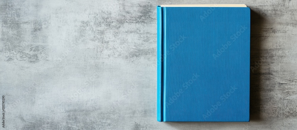 Poster blue hardcover book on a neutral gray background with clear space for text or design elements creati