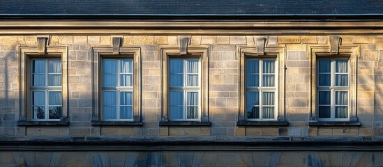 Obraz premium Astonishing historic building facade featuring five elegant windows casting soft shadows against a warm stone background