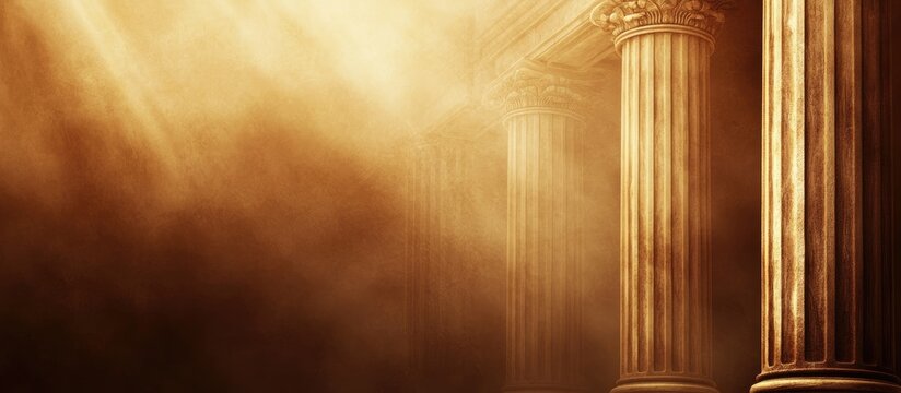 Abstract background of law and justice in warm brown tones featuring pillars and empty space for text representation of the legal system