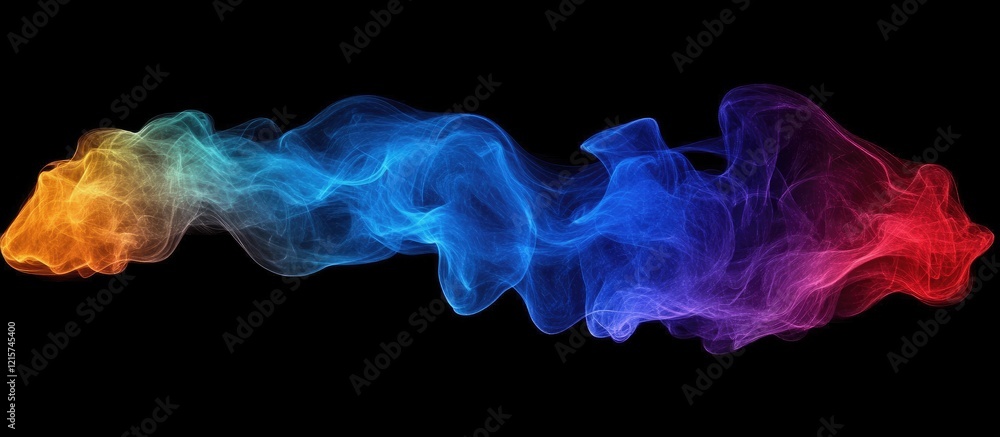 Poster neon colored abstract smoke cloud on black background with space for custom text and design elements