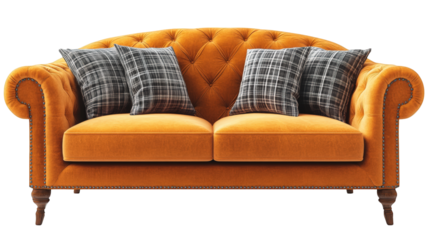 stylish orange tufted sofa adorned with two plaid cushions. showcasing a blend of modern and classic design elements this piece is ideal for enhancing living spaces. providing comfort and aesthetic ap