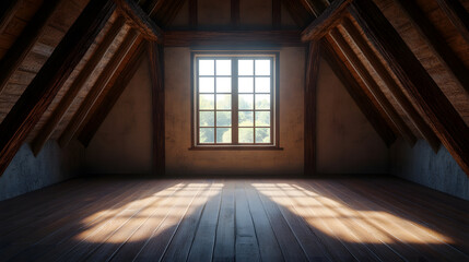 Fototapeta premium Cozy attic with wooden beams and natural light highlighting the space.