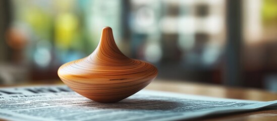 Wooden spinning top on newspaper with blurred background and ample copyspace for text advertising or promotional use
