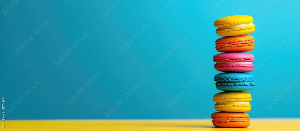 Poster colorful macarons stacked on a bright backdrop with ample empty space for text showcasing a delightf
