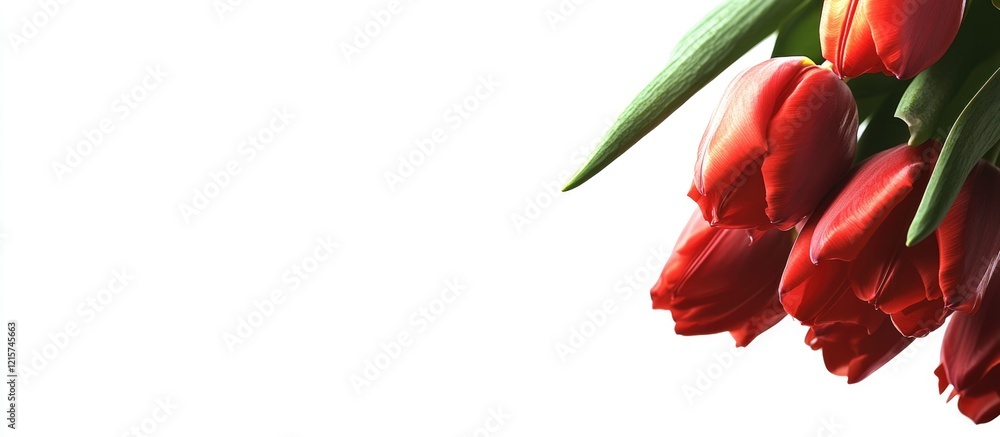 Poster bouquet of vibrant red tulips on a white background with ample empty space for text or branding purp