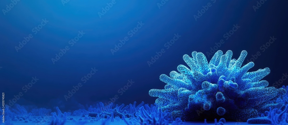 Poster stylized abstract microbe on a clean blue background with ample copyspace for text and visual impact