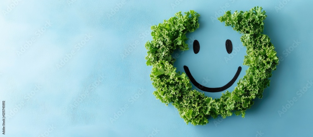 Poster abstract green kale smiley face on blue backdrop with ample space for text and design elements for m